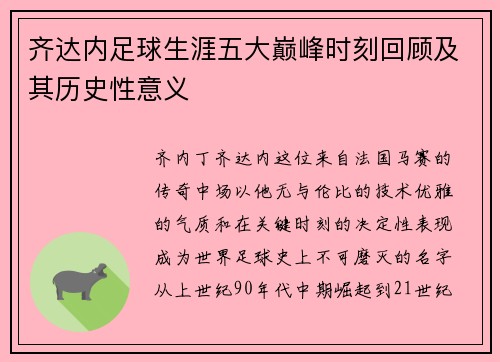 齐达内足球生涯五大巅峰时刻回顾及其历史性意义
